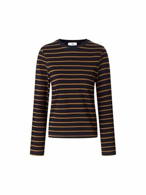 Striped Long-Sleeve Crewneck Top in Navy and Mustard
